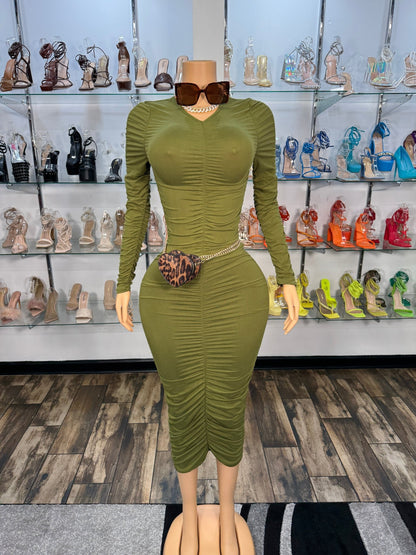 Comfy Ruched Midi Dress - Green - Head Over Heels: All In One Boutique