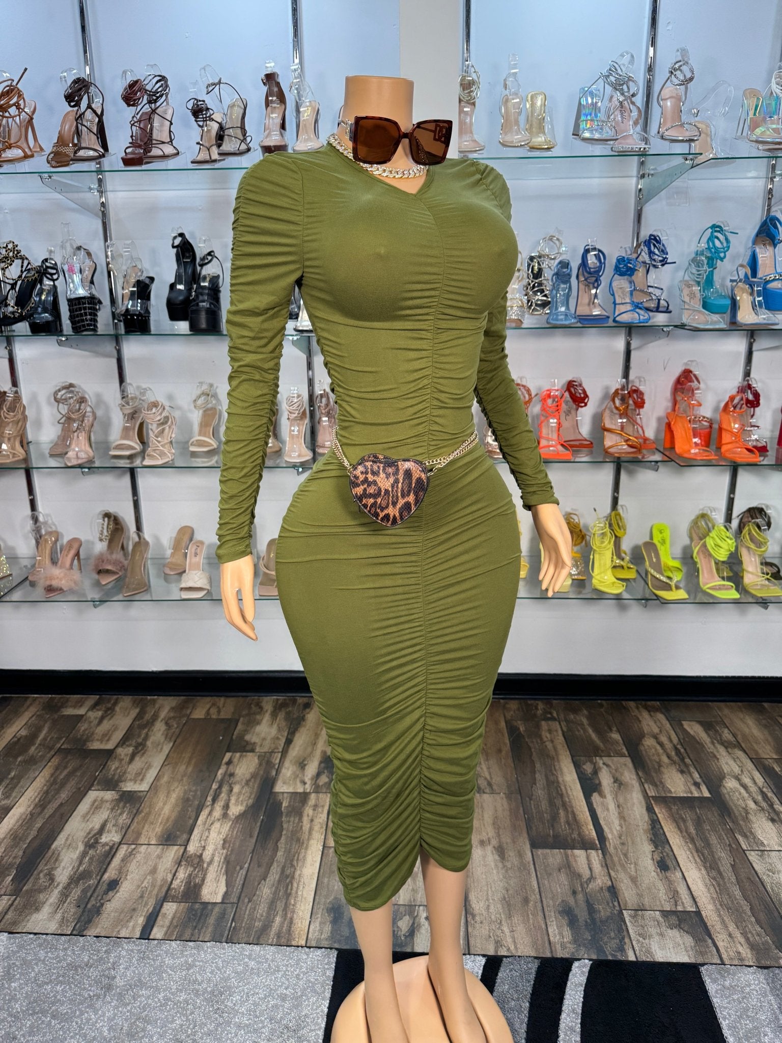 Comfy Ruched Midi Dress - Green - Head Over Heels: All In One Boutique