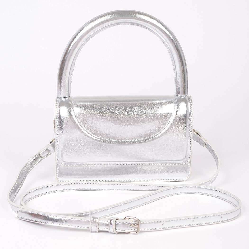 Metallic Faux Leather Top Handle Clutch - Silver (Final Sale) - Head Over Heels: All In One Boutique