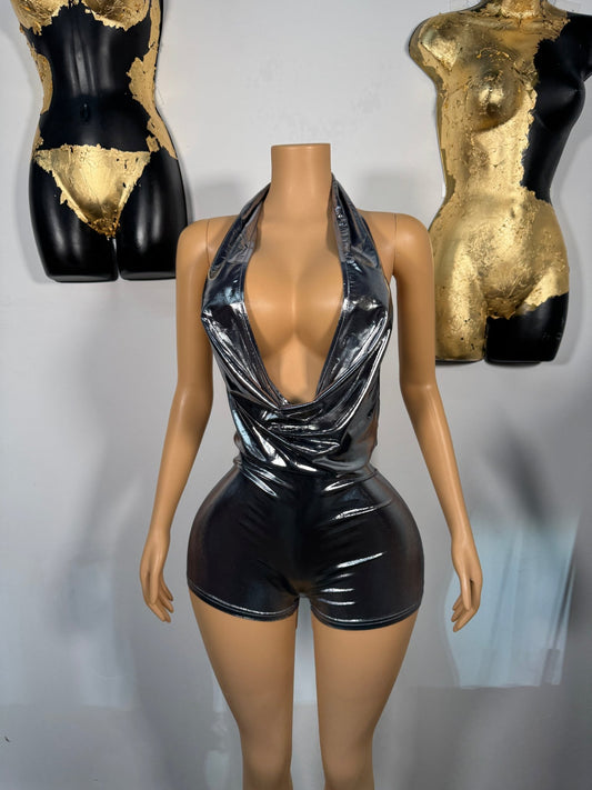 Plunge Romper - Silver - Head Over Heels: All In One Boutique