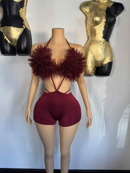 Pom Pom Romper - Burgundy - Head Over Heels: All In One Boutique