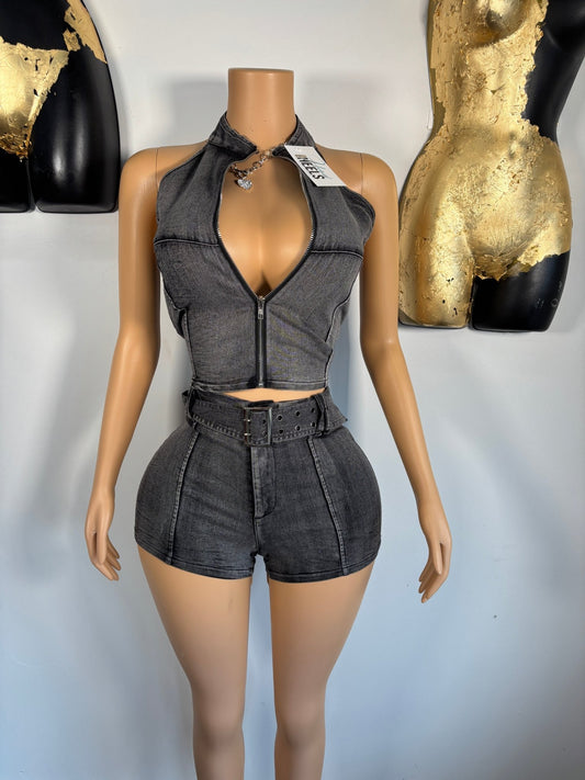 Toxic Baddie Denim Short Set - Black Wash - Head Over Heels: All In One Boutique