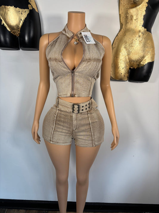 Toxic Baddie Denim Short Set - Cream Wash - Head Over Heels: All In One Boutique