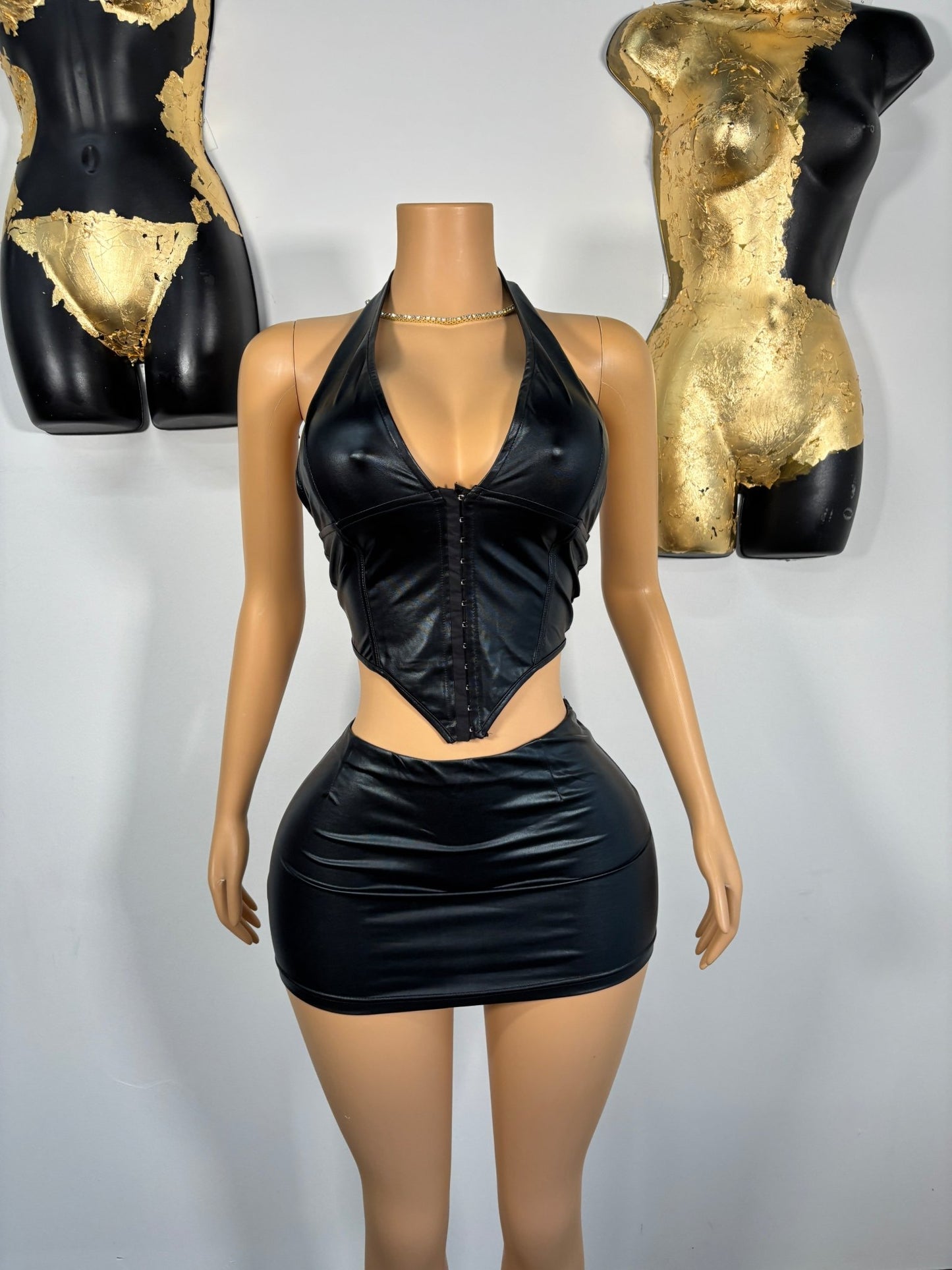 Trim Leather Skirt Set - Black - Head Over Heels: All In One Boutique