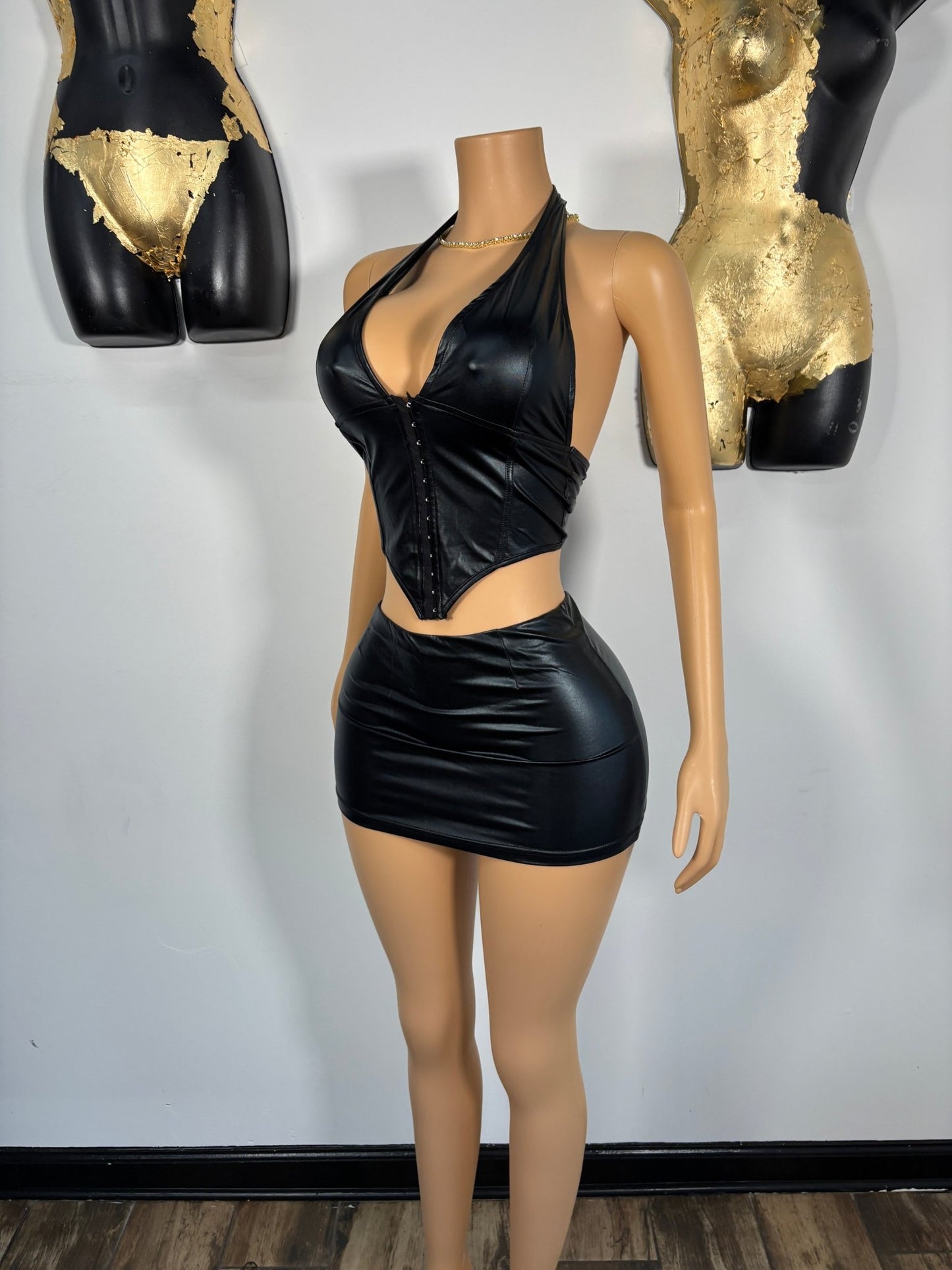 Trim Leather Skirt Set - Black - Head Over Heels: All In One Boutique