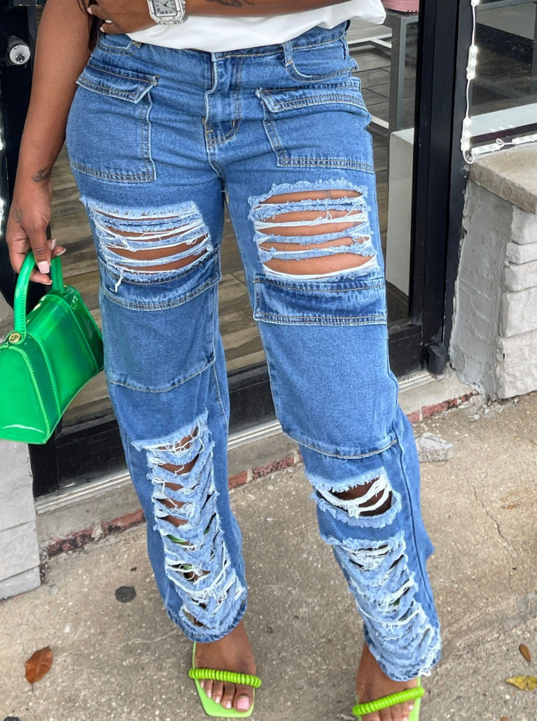 Distressed Cargo Jeans- Denim - Head Over Heels: All In One Boutique