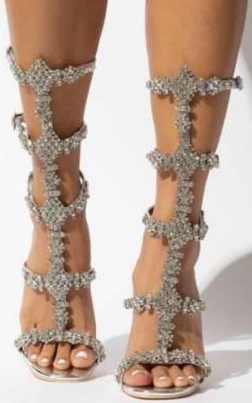 Silver Gladiator Heels Multi Straps Buckles Rhinestone Sandals|FSJshoes