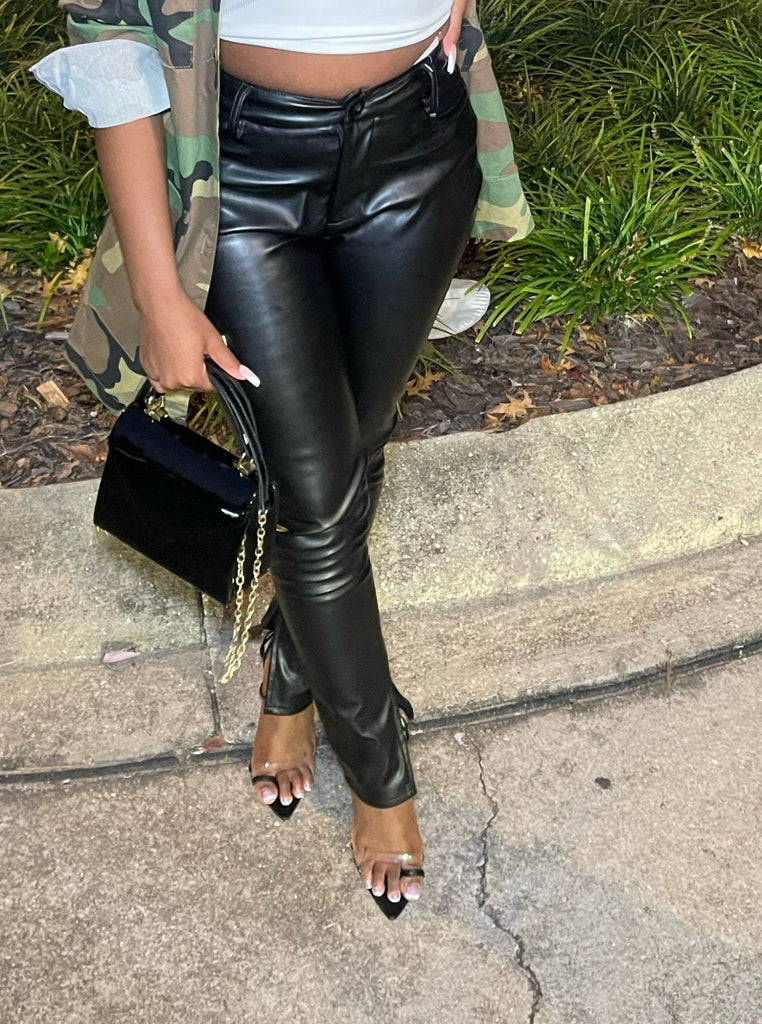 Side Slit Leather Pants- Black - Head Over Heels: All In One Boutique